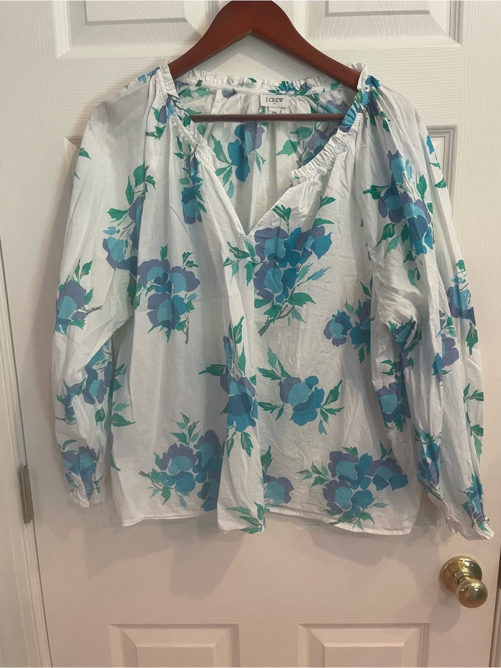 J. Crew White Peasant Blouse with Blue and Green Floral Print